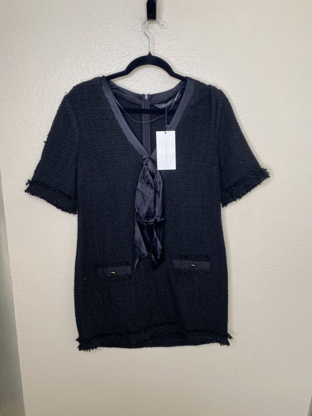 Zara Woman Black Bow-Accent Textured Short Sleeve Dress Size S Acrylic